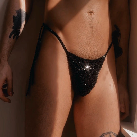 Crystal Side Tie Thong - Jet Black