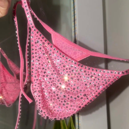Crystal Side Tie Thong - Pink
