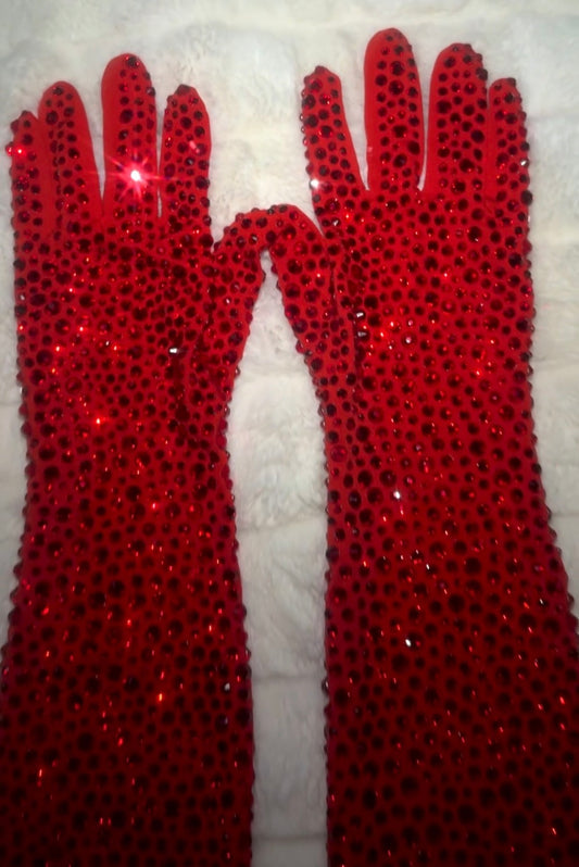 Red Rhinestoned Opera Gloves