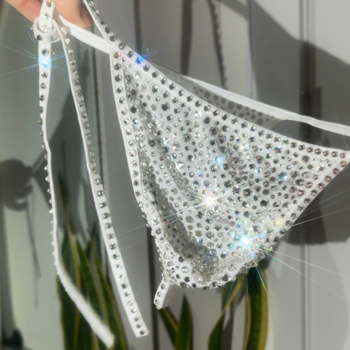 Crystal Side Tie Thong - White