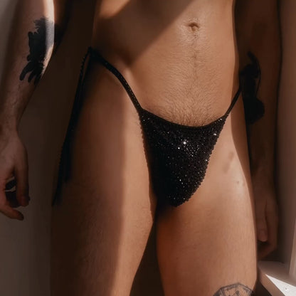 Crystal Side Tie Thong - Jet Black