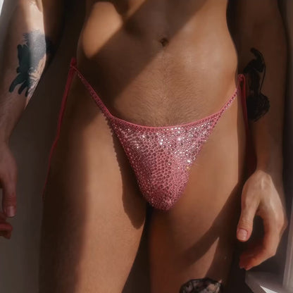 Crystal Side Tie Thong - Light Pink